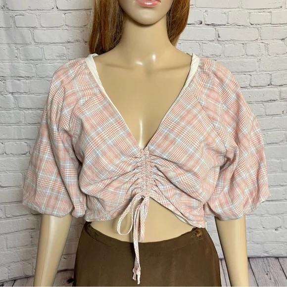 NWT New dRA Plaid Puff Sleeve Crop Top Size L - Picture 10 of 10